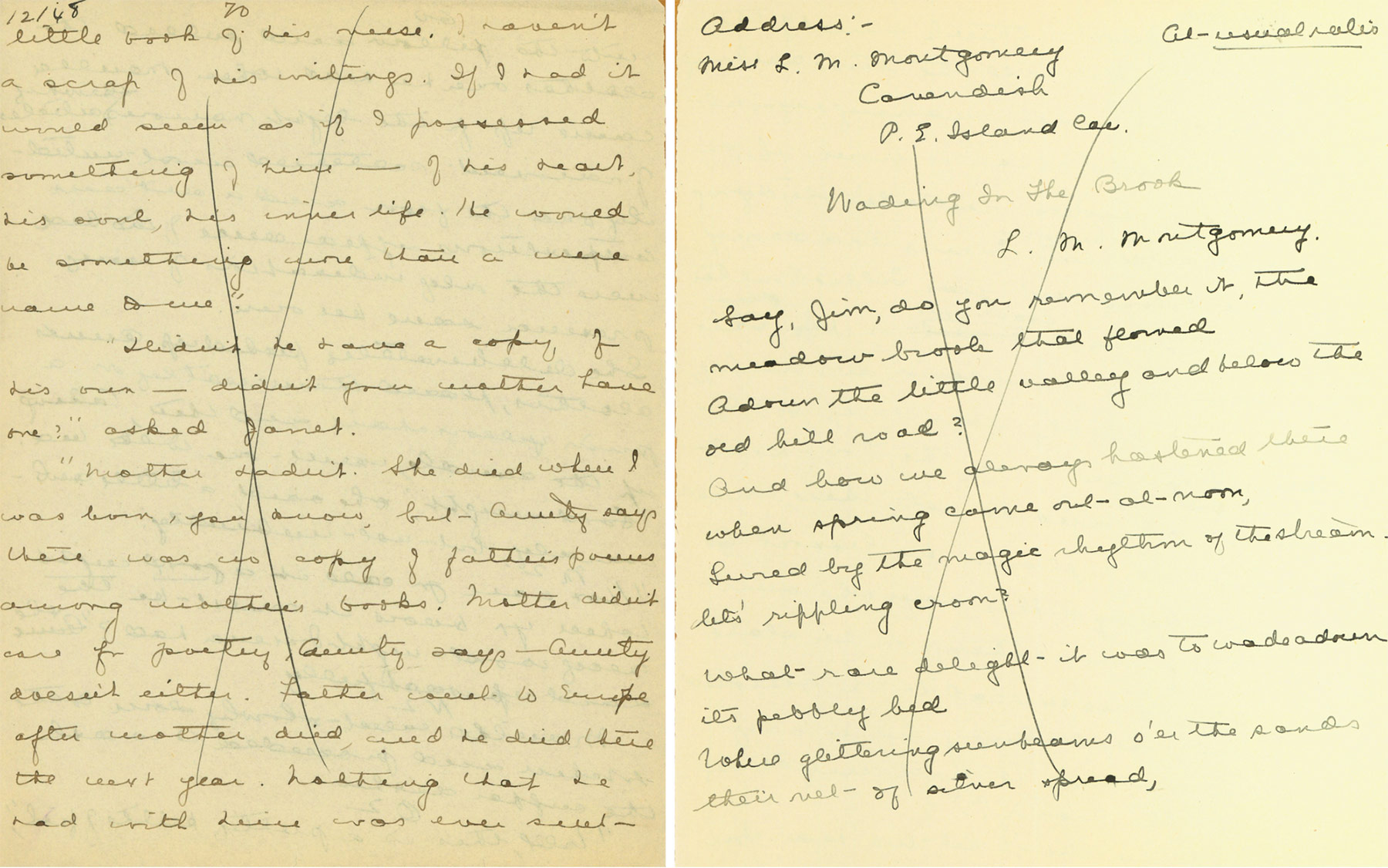 images juxtaposées de deux pages biffées d’un texte manuscrit