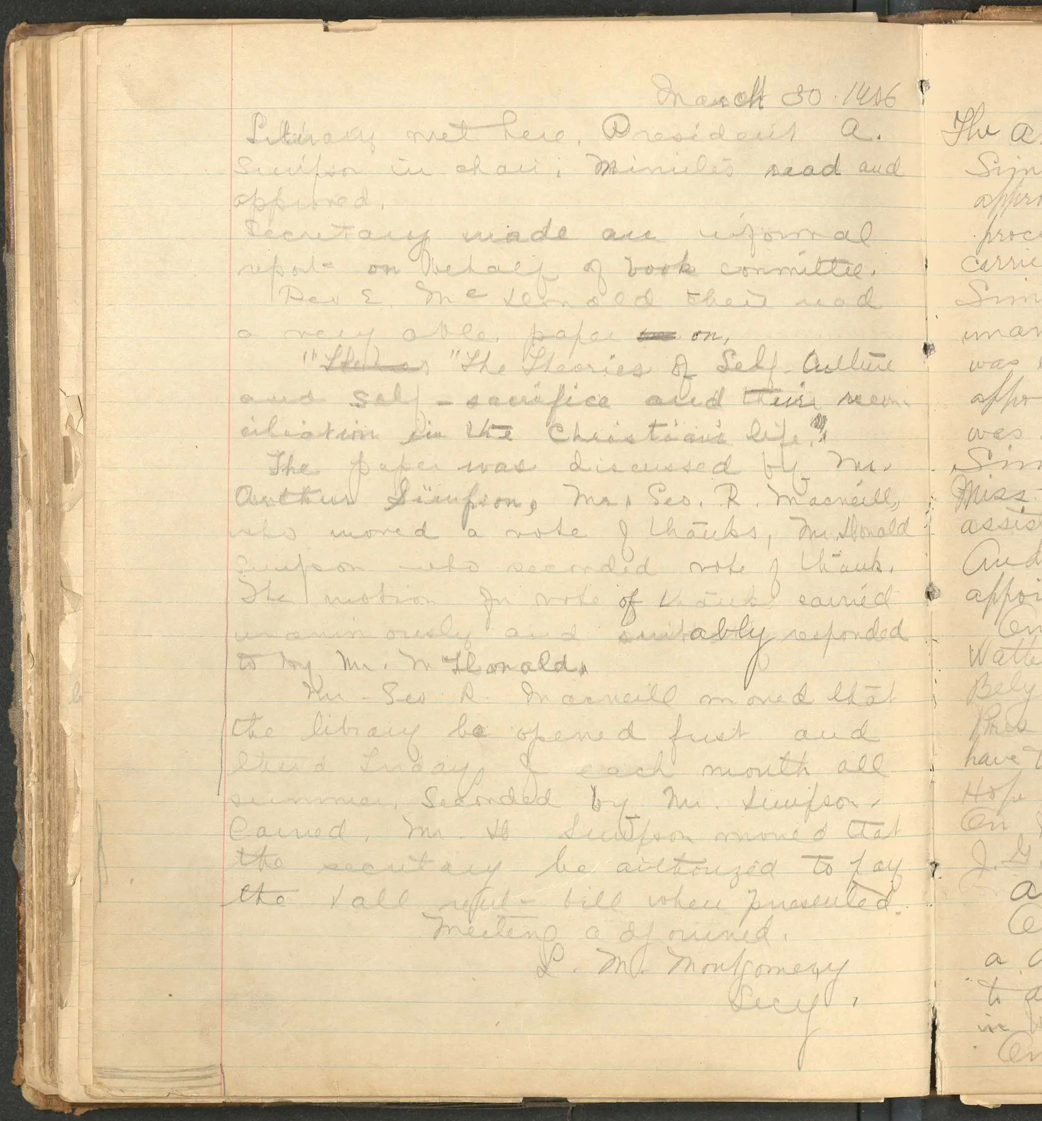 Page intérieure usée du registre des procès-verbaux de la Cavendish Literary Society