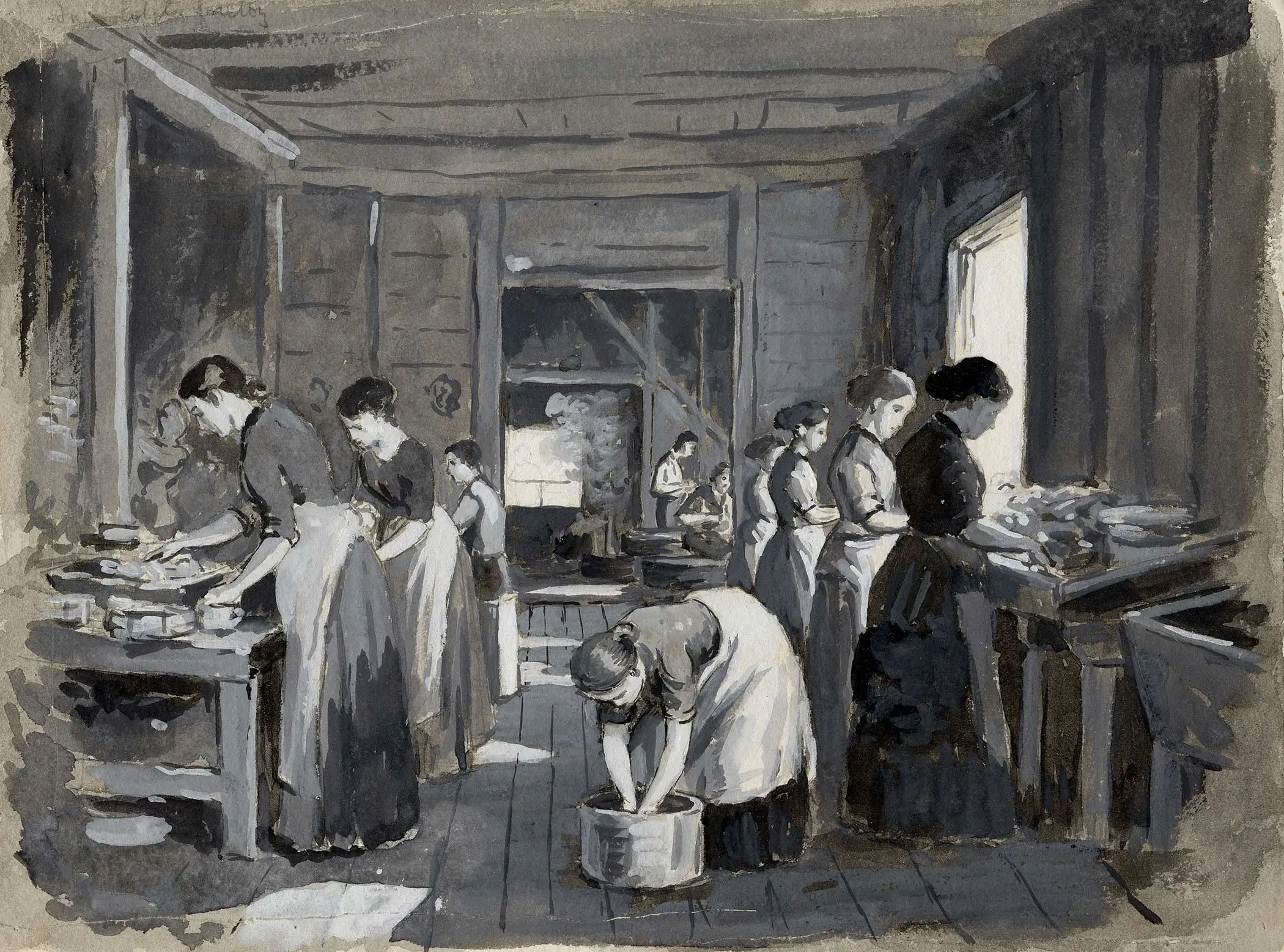 Peinture en tons de gris illustrant deux rangées de femmes devant de longues tables, en train de nettoyer des homards