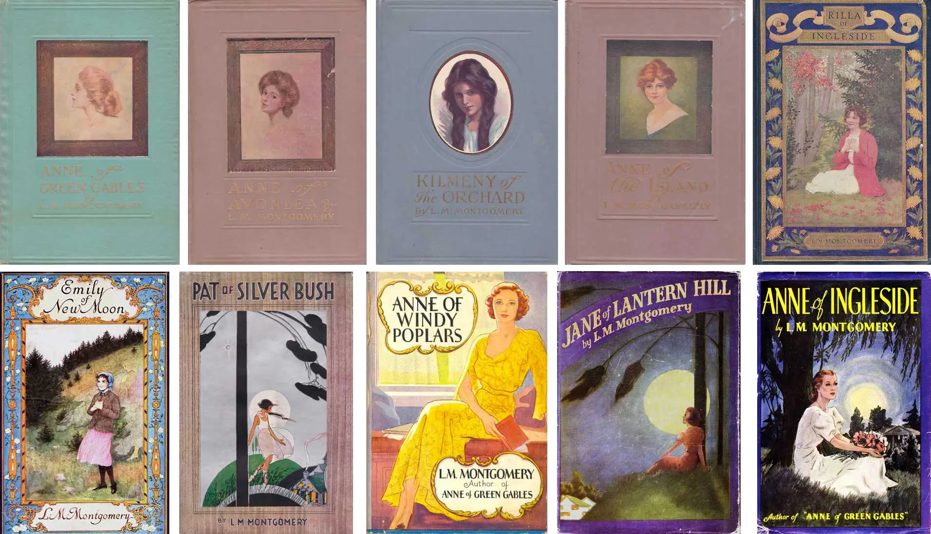 Nine of Montgomery's book covers, each featuring its titular heroine, but each in different colors and styles from the "Gibson-girl" image of the 1908 cover, to the more modernized woman on the cover of Anne of Ingleside.