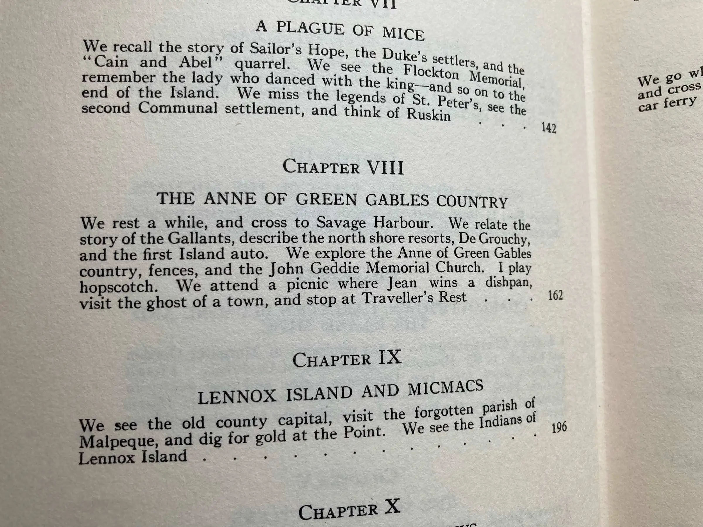 close-up image of a book's table of contents, centering a chapter on "The Anne of Green Gables Country"