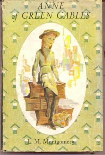 green cloth cover of the novel featuring a thin red-haired girl in a green dress sitting on a stack of wood.