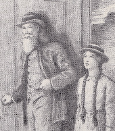 soft pencil sketch of a man with a thick white beard standing next to a young braided girl
