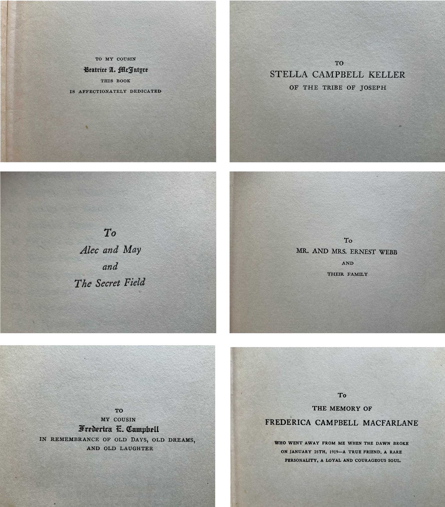 collage of dedications (in subfolder, numbered 1 through 6) ALT: the dedication pages of six of Montgomery's books, each slightly different in length and font.
