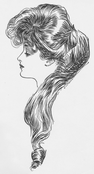 croquis à l’encre d’une femme vue de profil avec ses cheveux tombant sur son front et une longue boucle