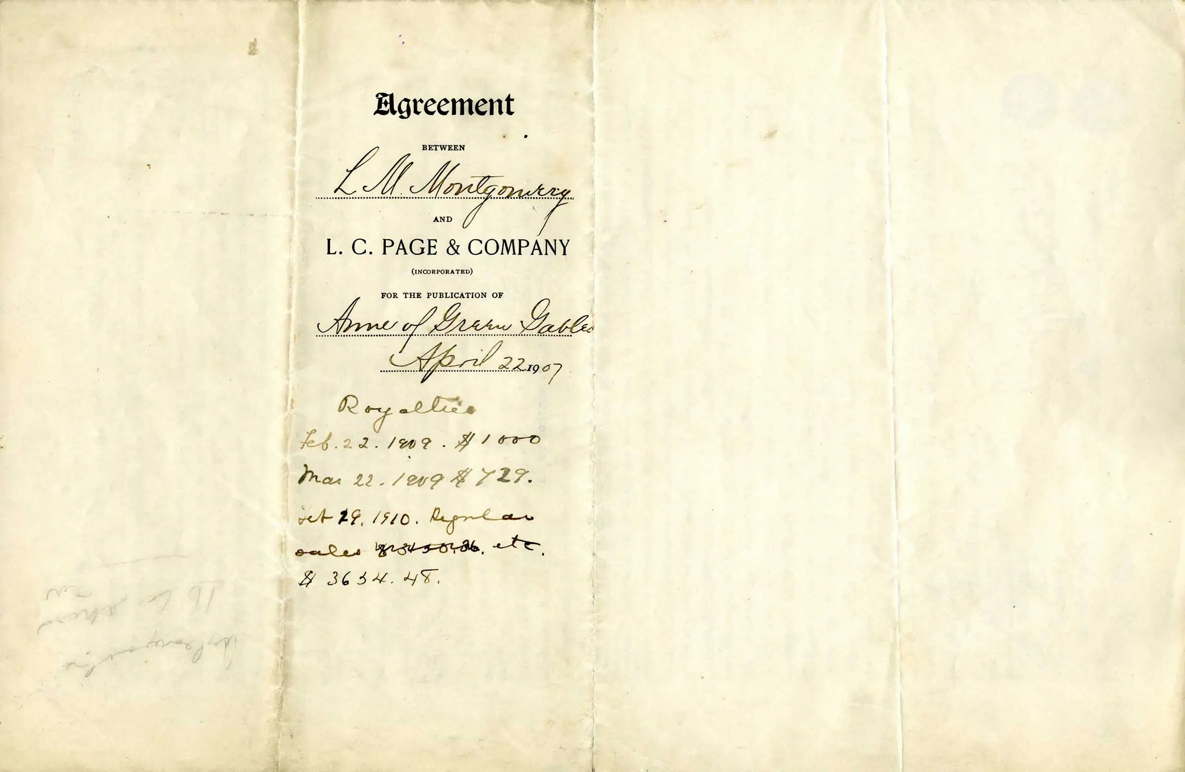 Une des trois pages jaunies d’un contrat légal entre Montgomery et son premier éditeur.