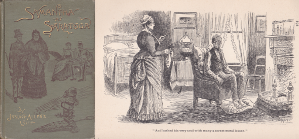 an image of green, gilt-lettered book cover next to an ink sketch of an old woman admonishing her husband