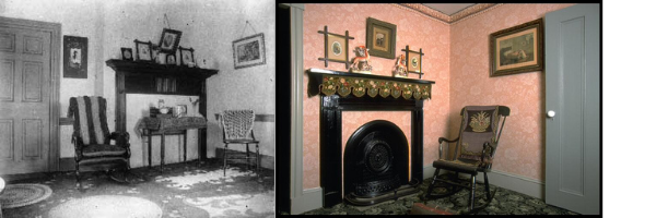 side-by-side images of the Macneill parlor, tidy and quiet with a lone rocking chair, and the Green Gables parlor with black fireplace and salmon-coloured walls.