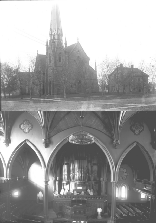 an exterior shot of a spired church, dwarfing the surrounding buildings, and an interior shot of the vaulted ceilings over the altar of the church