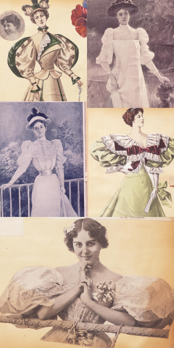 a collage of five different fashion plates, illustrations, or photos of women in dresses with puffed sleeves