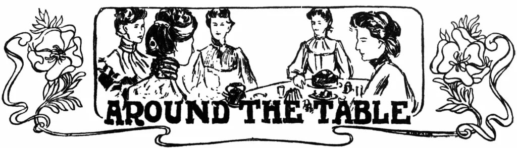 Une bannière en papier journal avec le dessin au trait de cinq femmes autour d’une table de thé, garnie de fleurs.