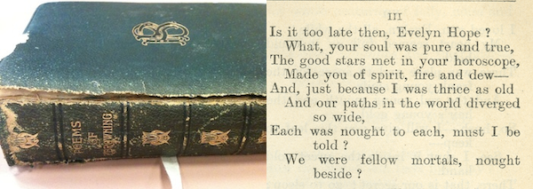 image d'une couverture de livre verte usée, avec des bords dorés et l'autre avec des lignes de poésie sur du papier jauni