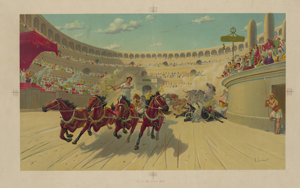 dramatic photo of the chariot race, with the horses racing towards the viewer, Ben Hur behind, with the stands in the distance