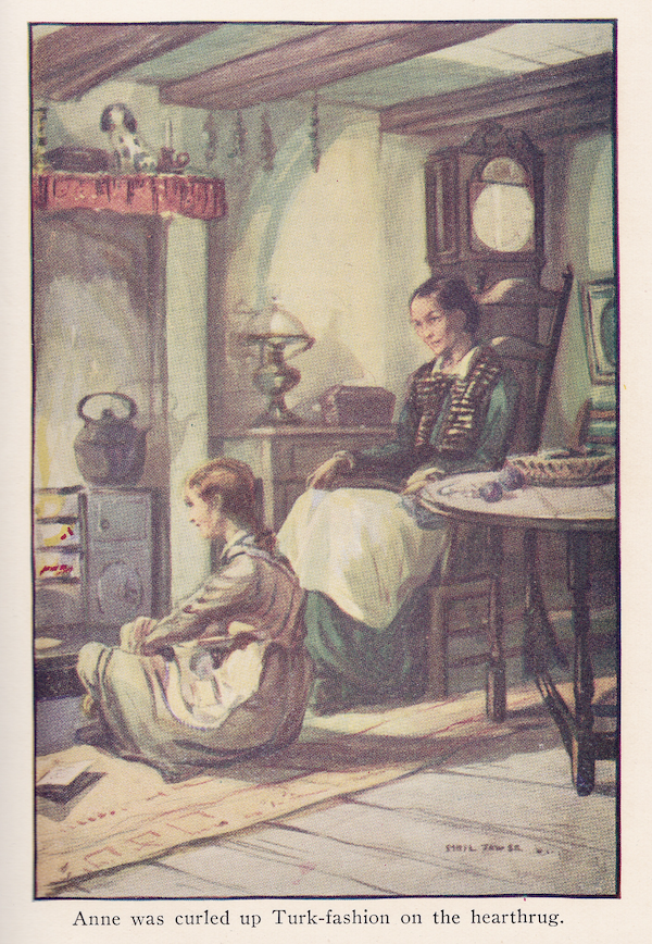 cozy, pastel drawing of Anne curled up near the fireplace, Marilla sits near her, in the Green Gables kitchen