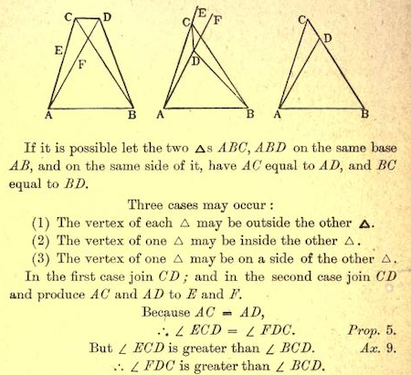 a page from a geometry text with labeled triangles and a string of lines explaining their complicated relationships