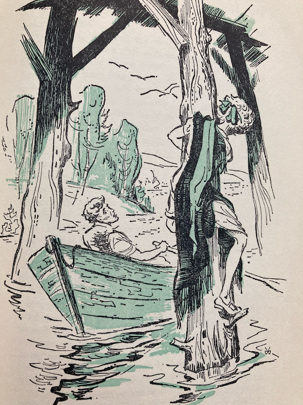 green-tinted sketch of a young boy rowing through a stream towards a girl clinging to a vertical log