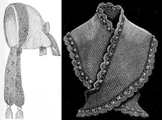illustrations en noir et blanc d’un bonnet en tricot avec de longues attaches et un châle bordé de picots