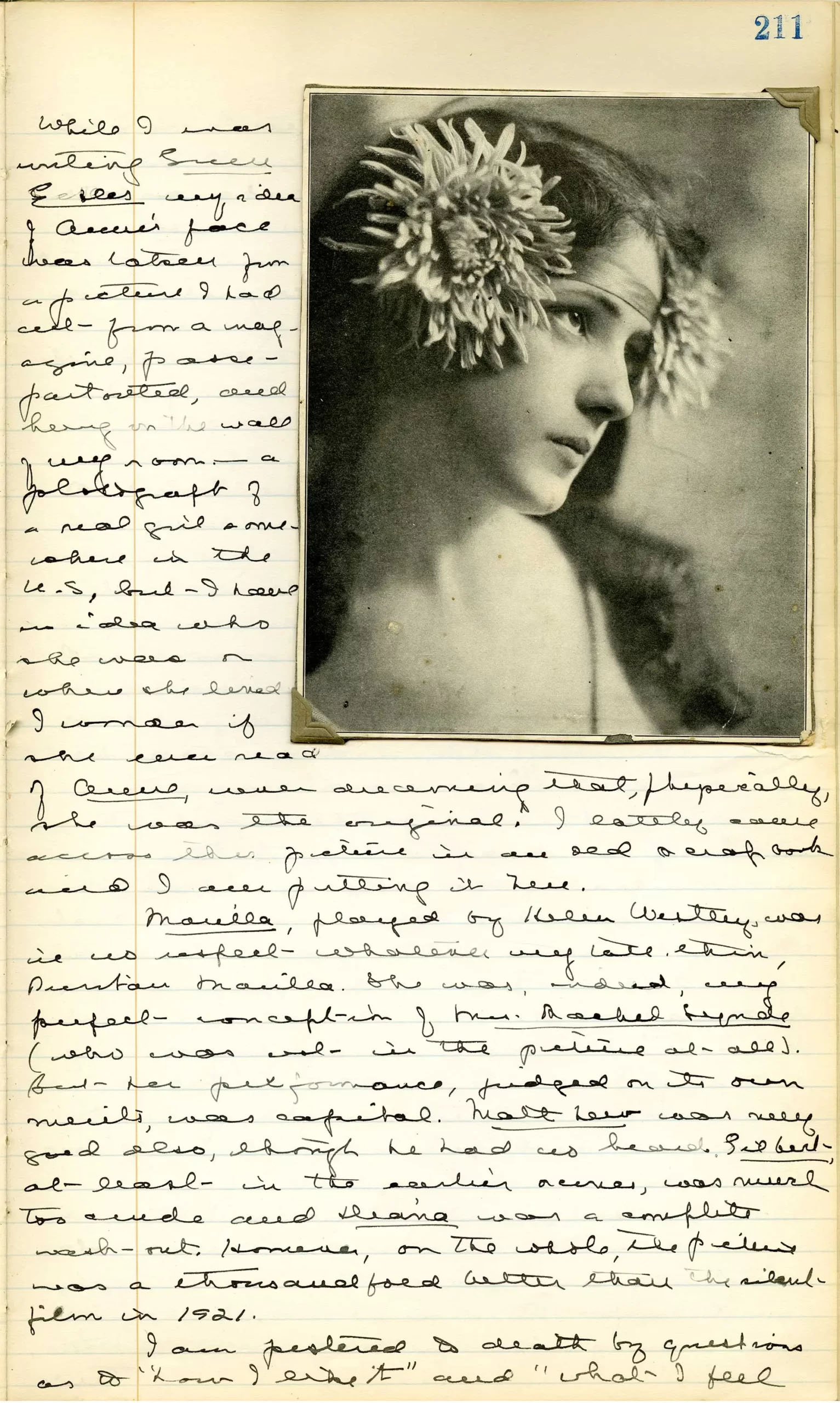 Une page du journal de Montgomery datée du 9 novembre 1934 avec une photo d’Evelyn Nesbit.