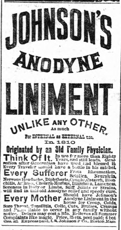 newspaper ad with large type and small, full of claims about the benefits of liniment