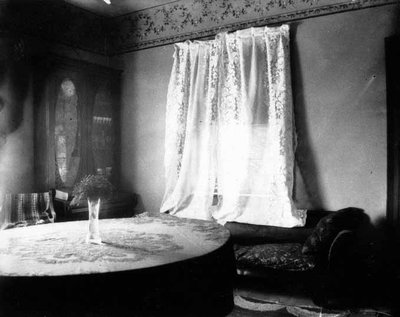 black and white image of the corner of a room with a bookcase, table, sheer curtain and the upper, curved edge of a lounge