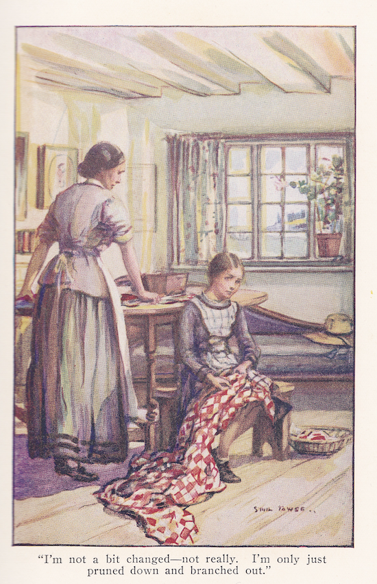 illustration of Marilla standing over Anne, who works on red and white patchwork in the kitchen