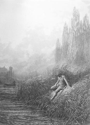 esquisse au crayon doux d'un homme recroquevillé sur la berge d'une rivière près des arbres