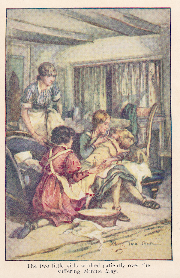 pastel image of two young girls and an aproned woman huddled over a swaddled young child next to a roaring fire