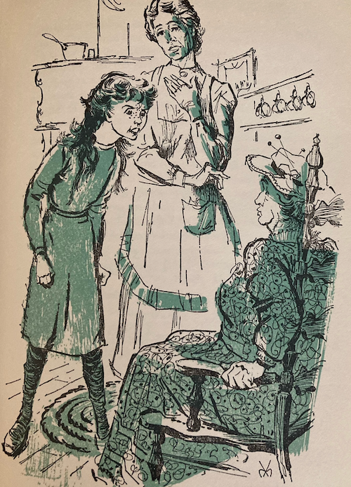 A green and black line drawing of an angry Anne confronting a shocked Mrs. Lynde while Marilla looks on