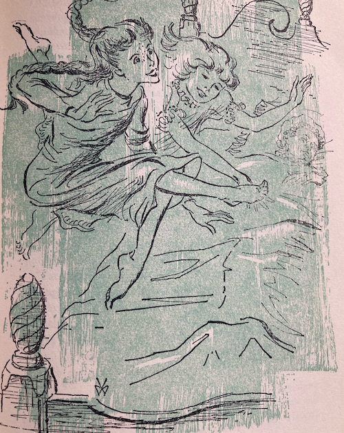 illustration à la plume et à l'encre de couleur verte de deux jeunes filles en chemise de nuit sautant dans un lit visiblement occupé