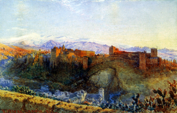 peinture richement colorée avec un long château bas sur une colline, des maisons aux toits bleus en contrebas et des montagnes au loin