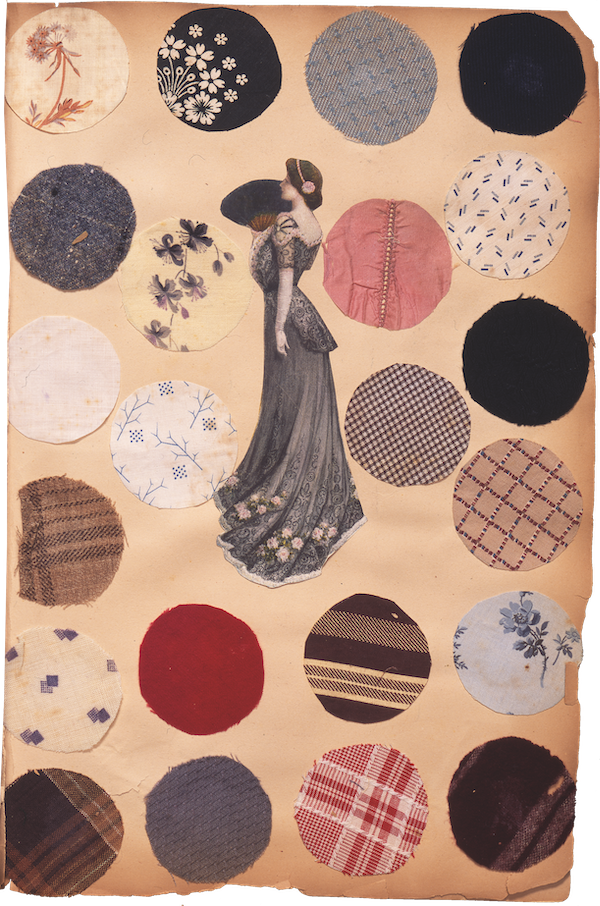 a scrapbook page with the clipping of a woman surrounded by many multi-coloured circles of fabric, each one a different pattern or colour.