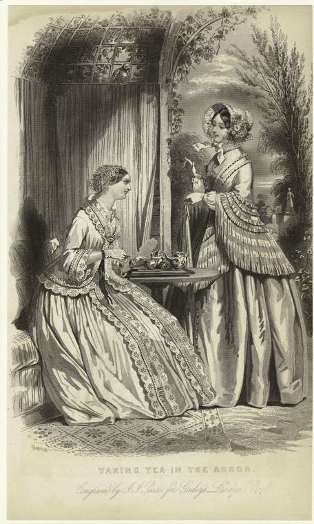 a detailed illustration of two, clearly wealthy and well-dressed, ladies about to take tea