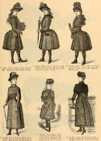 a yellowed page from a catalogue with six different drawings of various girls' outerwear