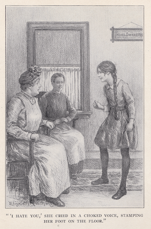dessin au crayon d'Anne tapant du pied devant Marilla et Mme Lynde
