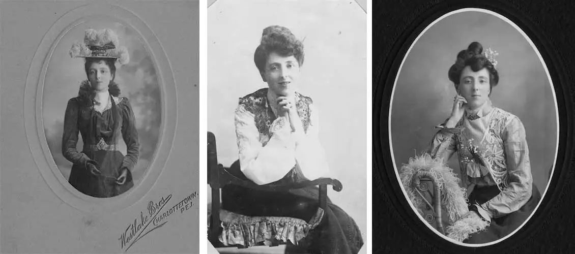 Trois portraits d’une jeune femme. Sur l’un d’entre eux elle apparaît debout portant un chapeau et sur les autres elle est assise.